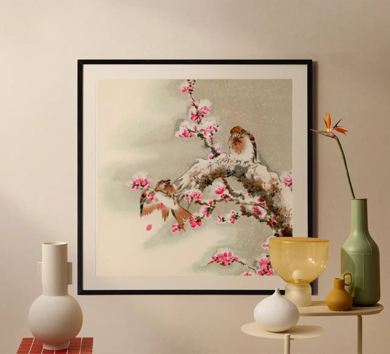 Bird perching on tree top, vintage Japanese poster con telaio in alluminio da vintageshop