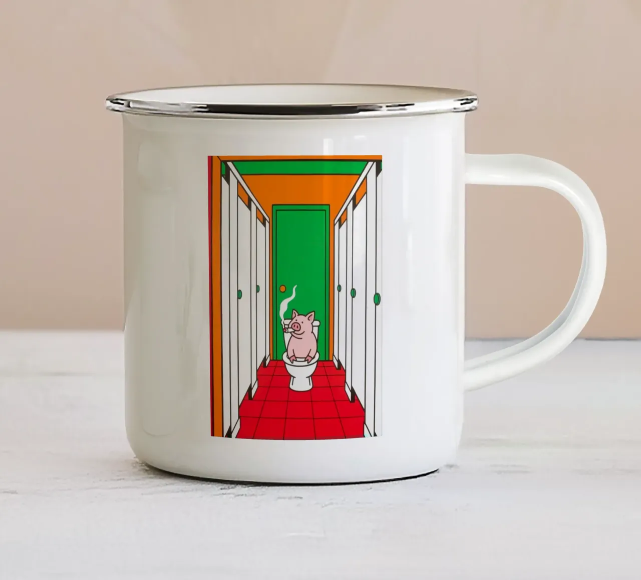 maiale che fuma nella toilette tazza in smalto da knowledge