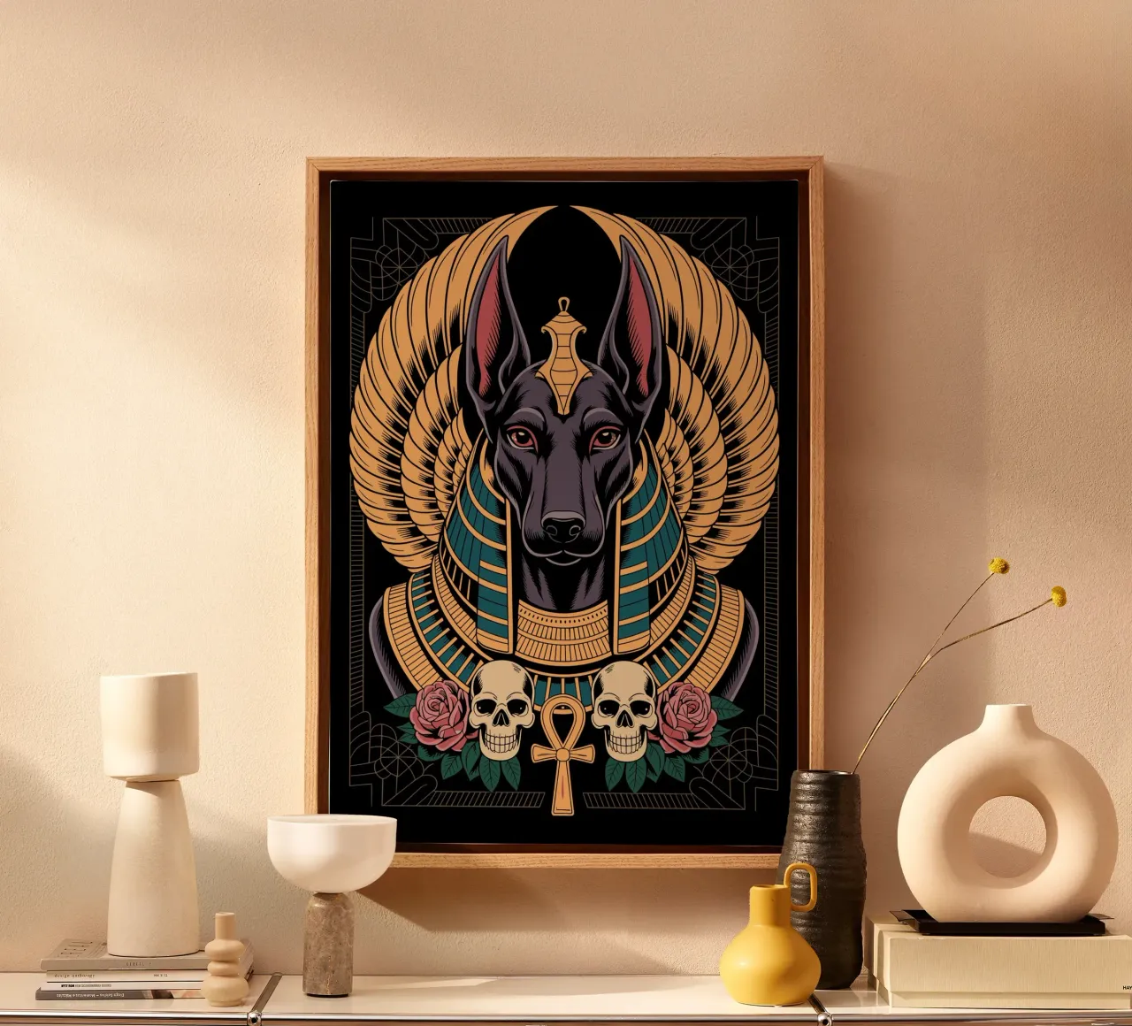 Anubis Illustration with Skulls and Roses tela con Cornice a cassetta da ramosashop