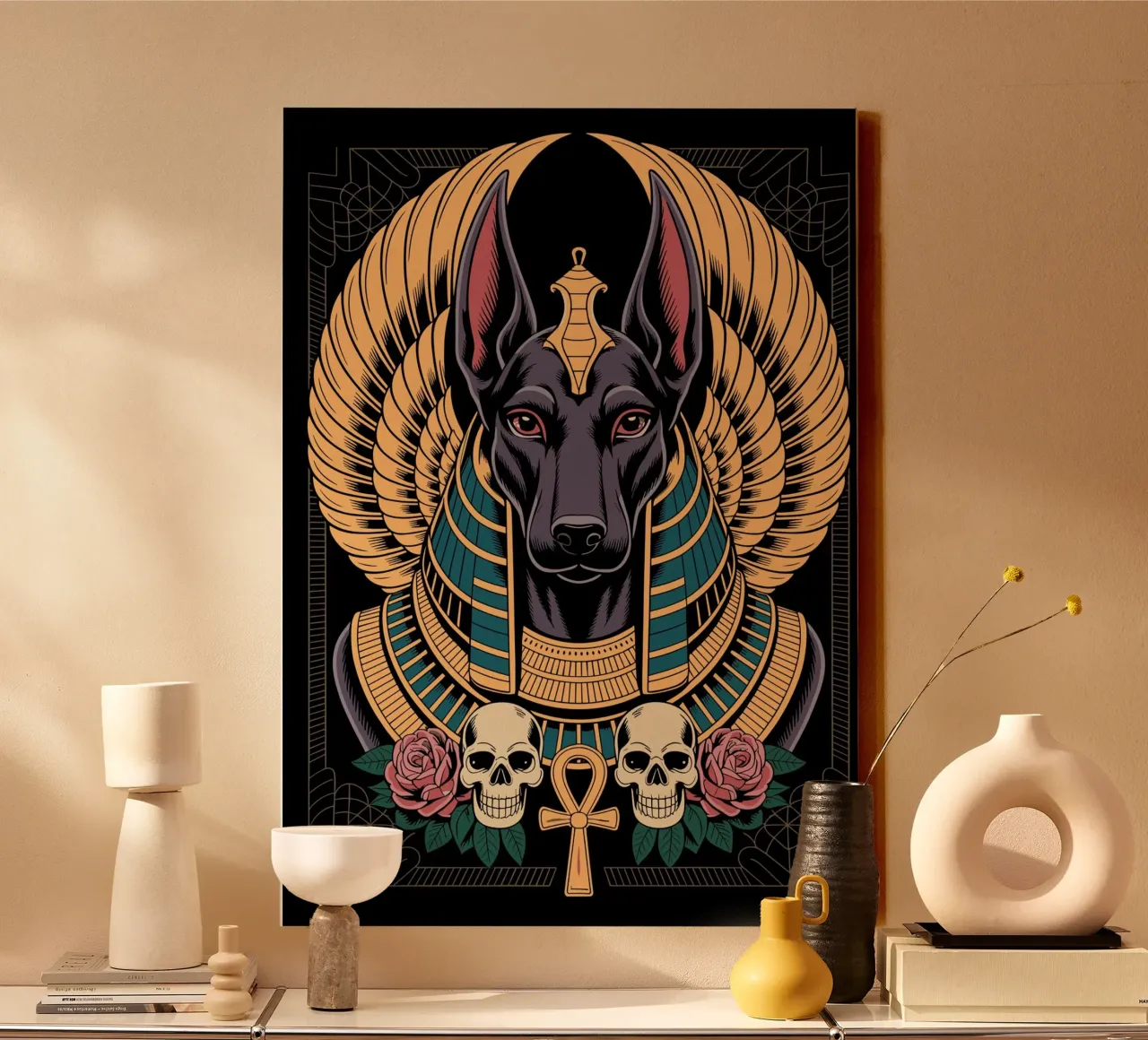 Anubis Illustration with Skulls and Roses tela con Cornice a cassetta da ramosashop