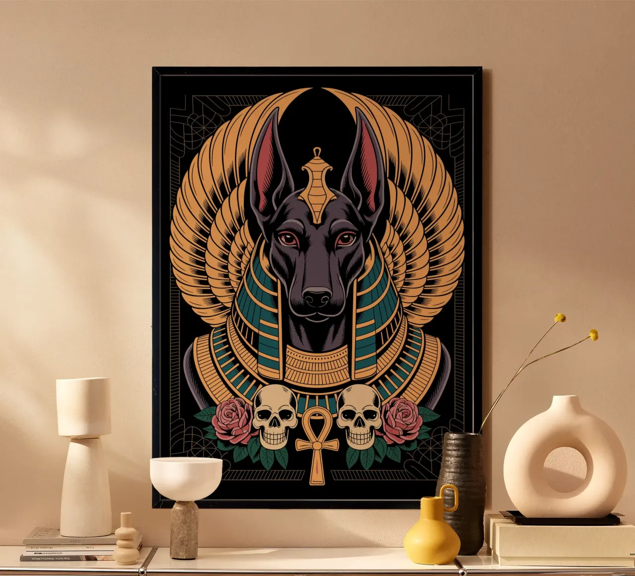 Anubis Illustration with Skulls and Roses poster da ramosashop