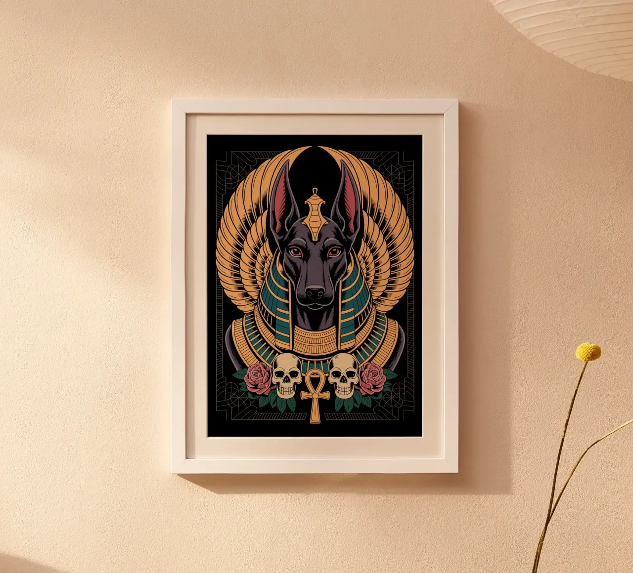 Anubis Illustration with Skulls and Roses poster da ramosashop