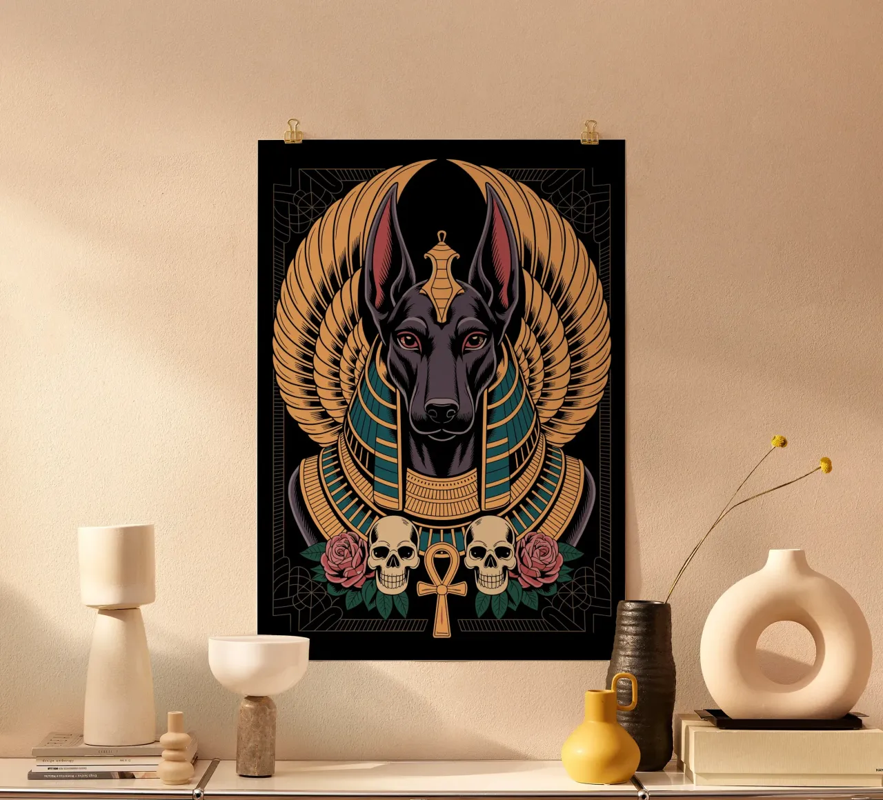 Anubis Illustration with Skulls and Roses poster da ramosashop
