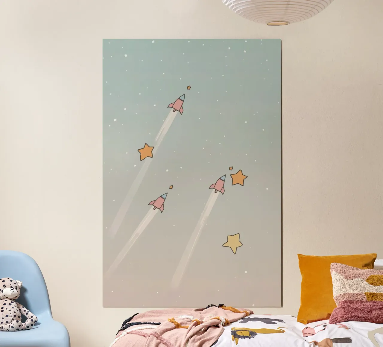 Cohetes y estrellas en el espacio poster con marco de plástico de DesignDoodle