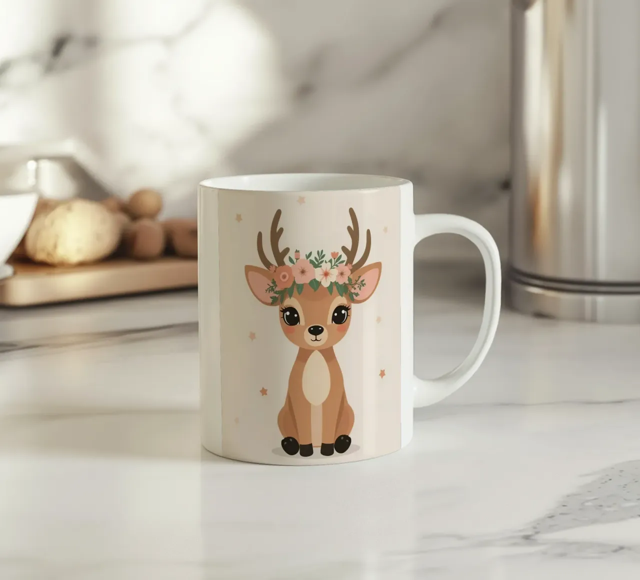 Mignon cerf heureux assis avec une couronne de fleurs mug en céramique de DesignDoodle