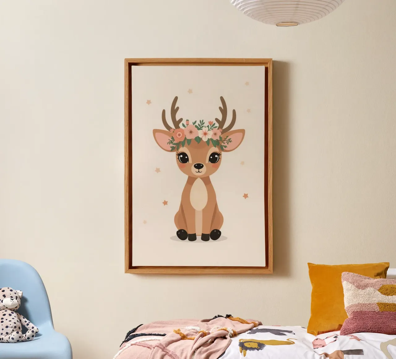 Carino il cervo felice seduto con corona di fiori tela con Cornice a cassetta da DesignDoodle