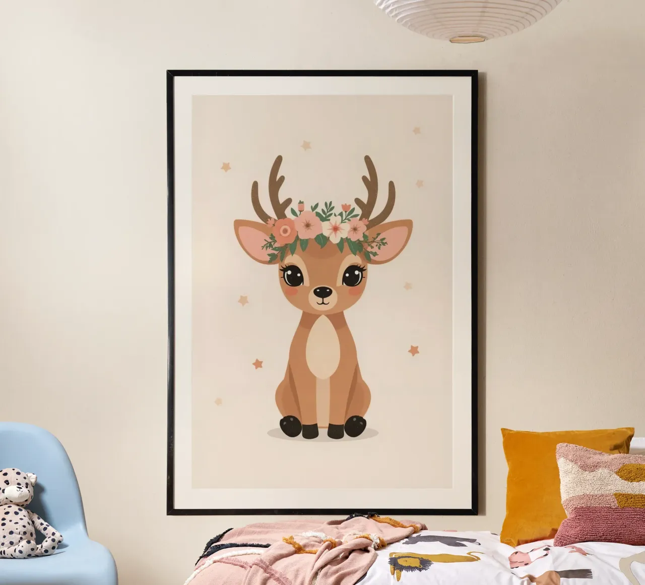 Carino il cervo felice seduto con corona di fiori poster da DesignDoodle