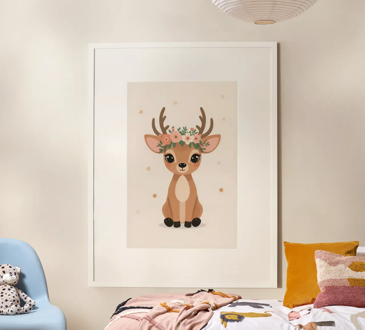 Carino il cervo felice seduto con corona di fiori poster da DesignDoodle