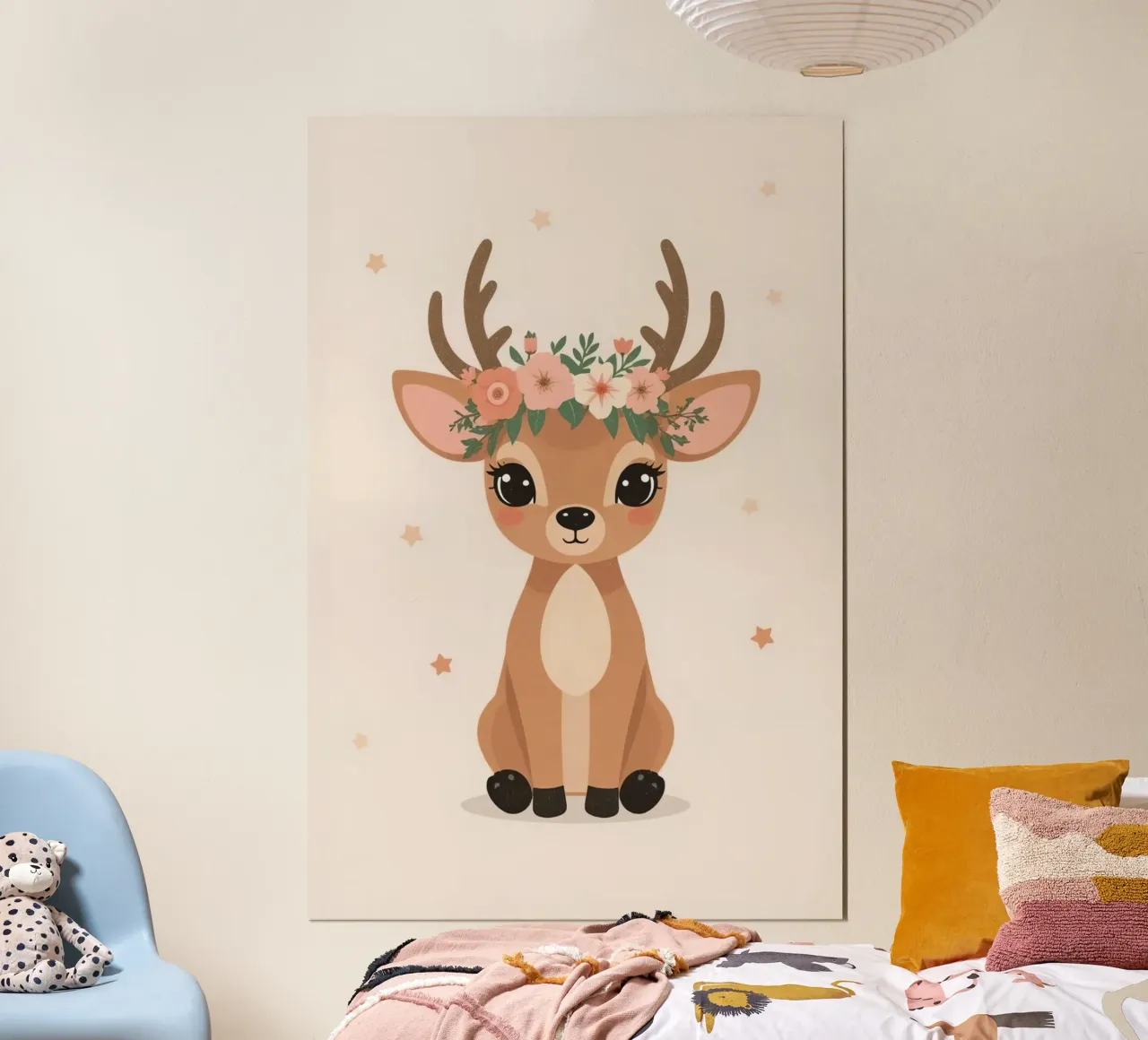 Carino il cervo felice seduto con corona di fiori poster da DesignDoodle