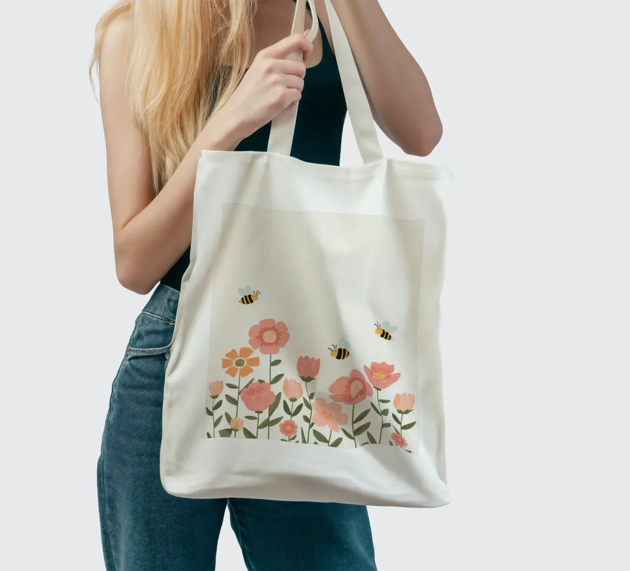 Fiori stilizzati e api carine borsa in juta da DesignDoodle