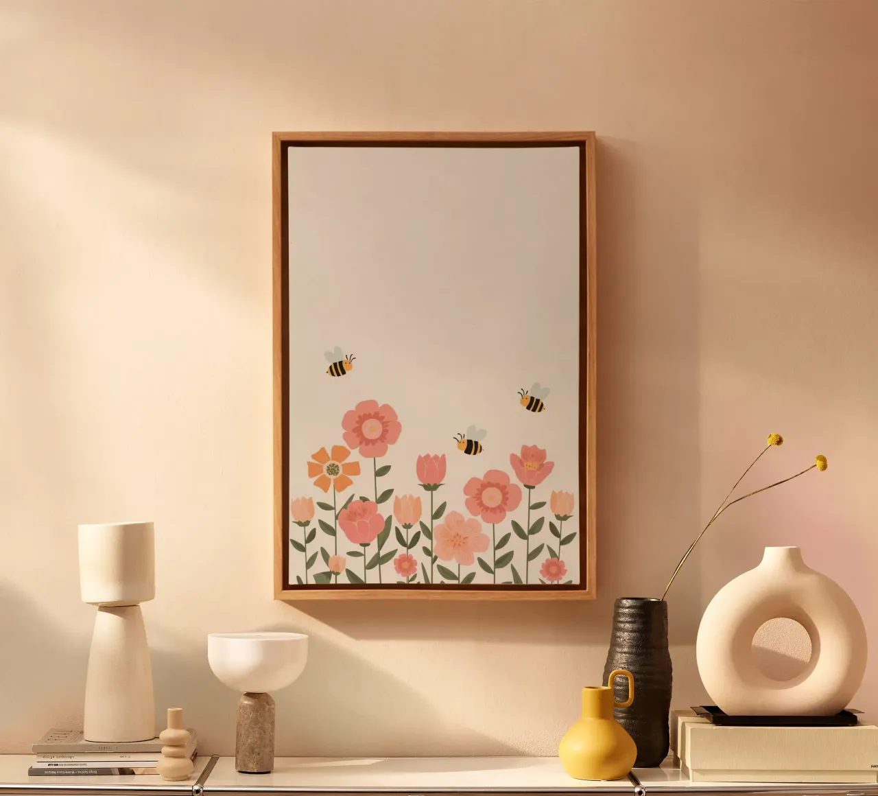 Fiori stilizzati e api carine tela con Cornice a cassetta da DesignDoodle