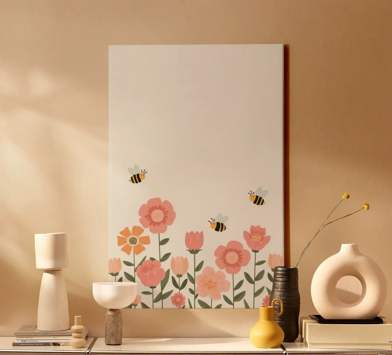 Fiori stilizzati e api carine tela con Cornice a cassetta da DesignDoodle
