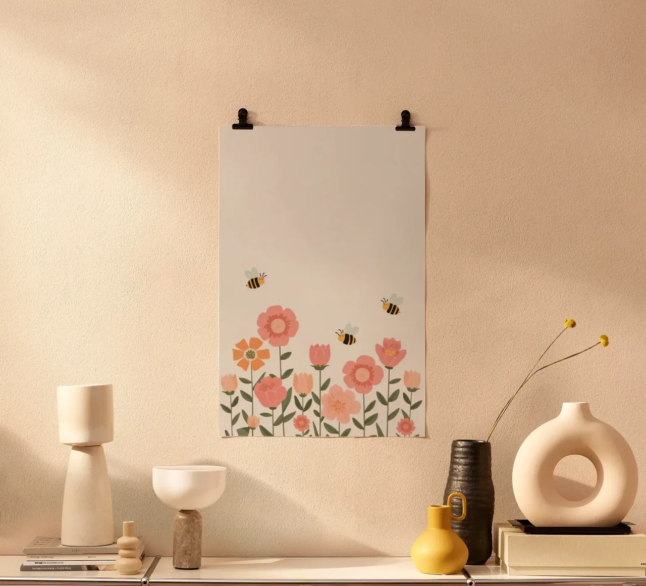 Fiori stilizzati e api carine poster con telaio in alluminio da DesignDoodle