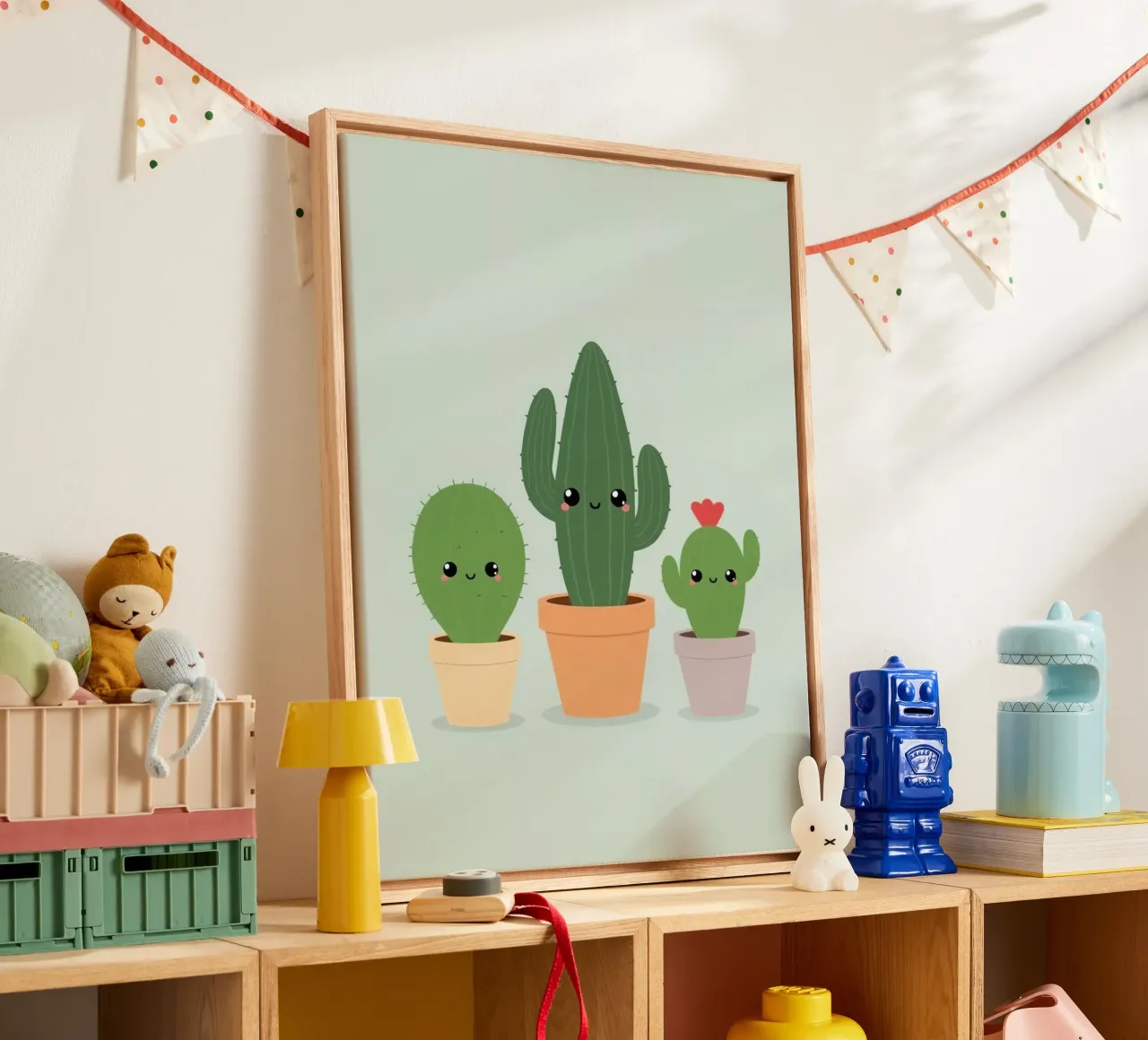 Trois cactus en pots, mignons et heureux, sur fond de citron vert pastel toile avec Caisse américaine de DesignDoodle