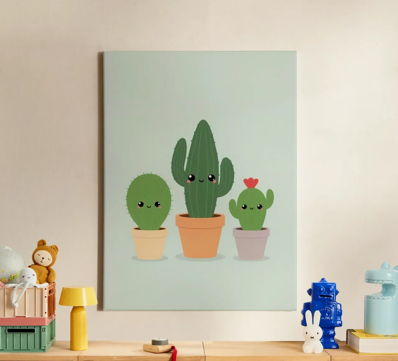 Trois cactus en pots, mignons et heureux, sur fond de citron vert pastel toile avec Caisse américaine de DesignDoodle