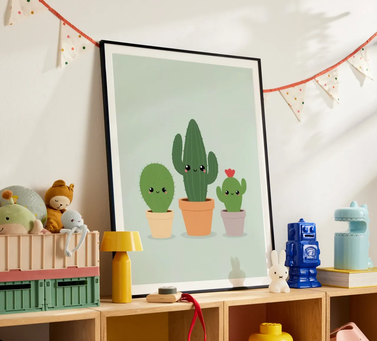 Tres lindos y felices cactus en macetas fondo lima pastel poster con marco de plástico de DesignDoodle