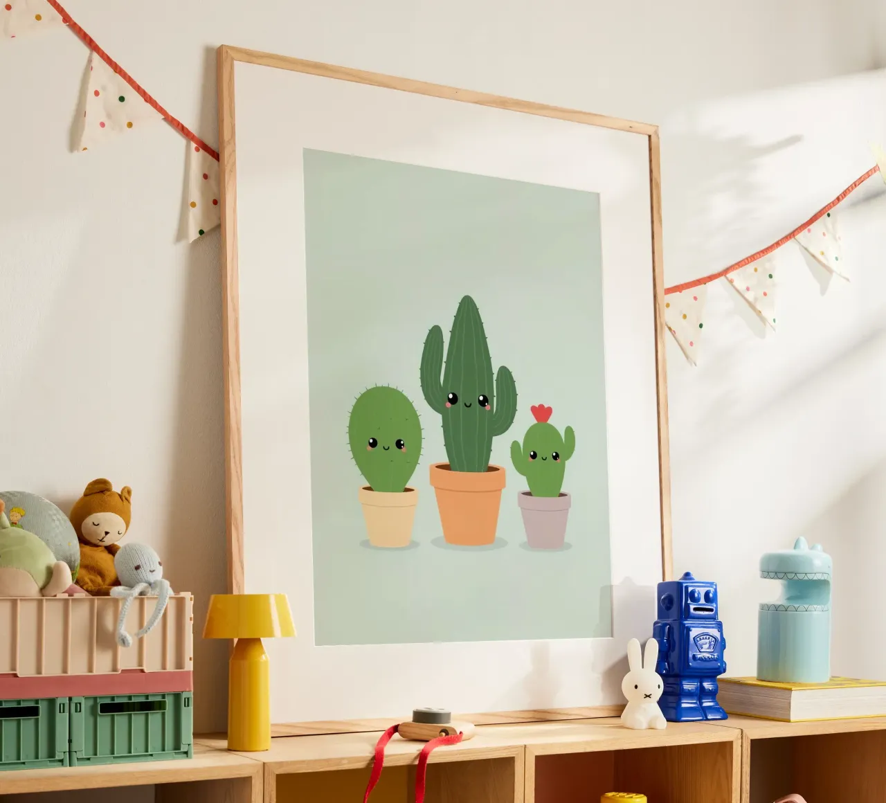 Tres lindos y felices cactus en macetas fondo lima pastel poster con marco de plástico de DesignDoodle