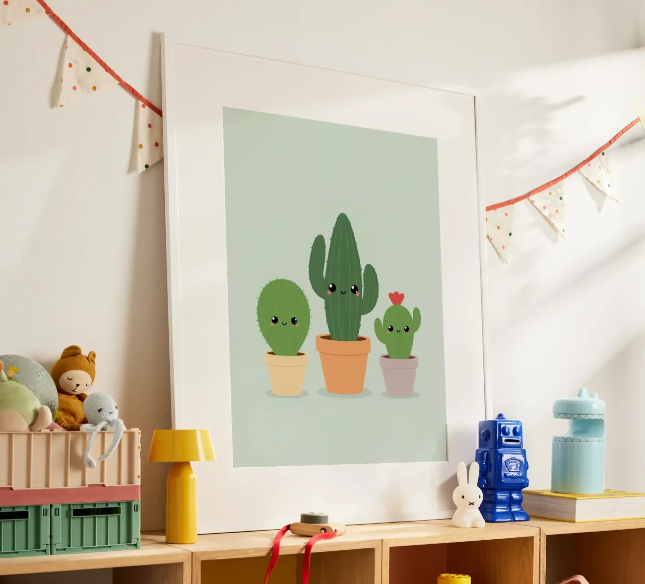Tres lindos y felices cactus en macetas fondo lima pastel poster con marco de plástico de DesignDoodle