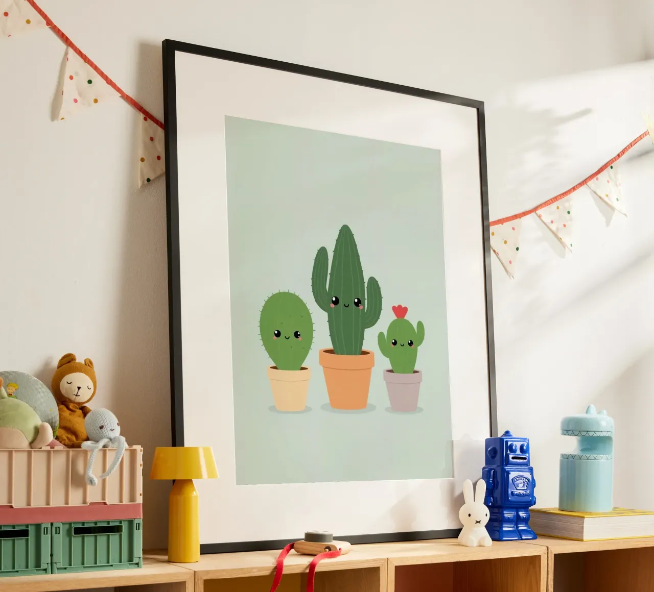 Tres lindos y felices cactus en macetas fondo lima pastel poster con marco de plástico de DesignDoodle