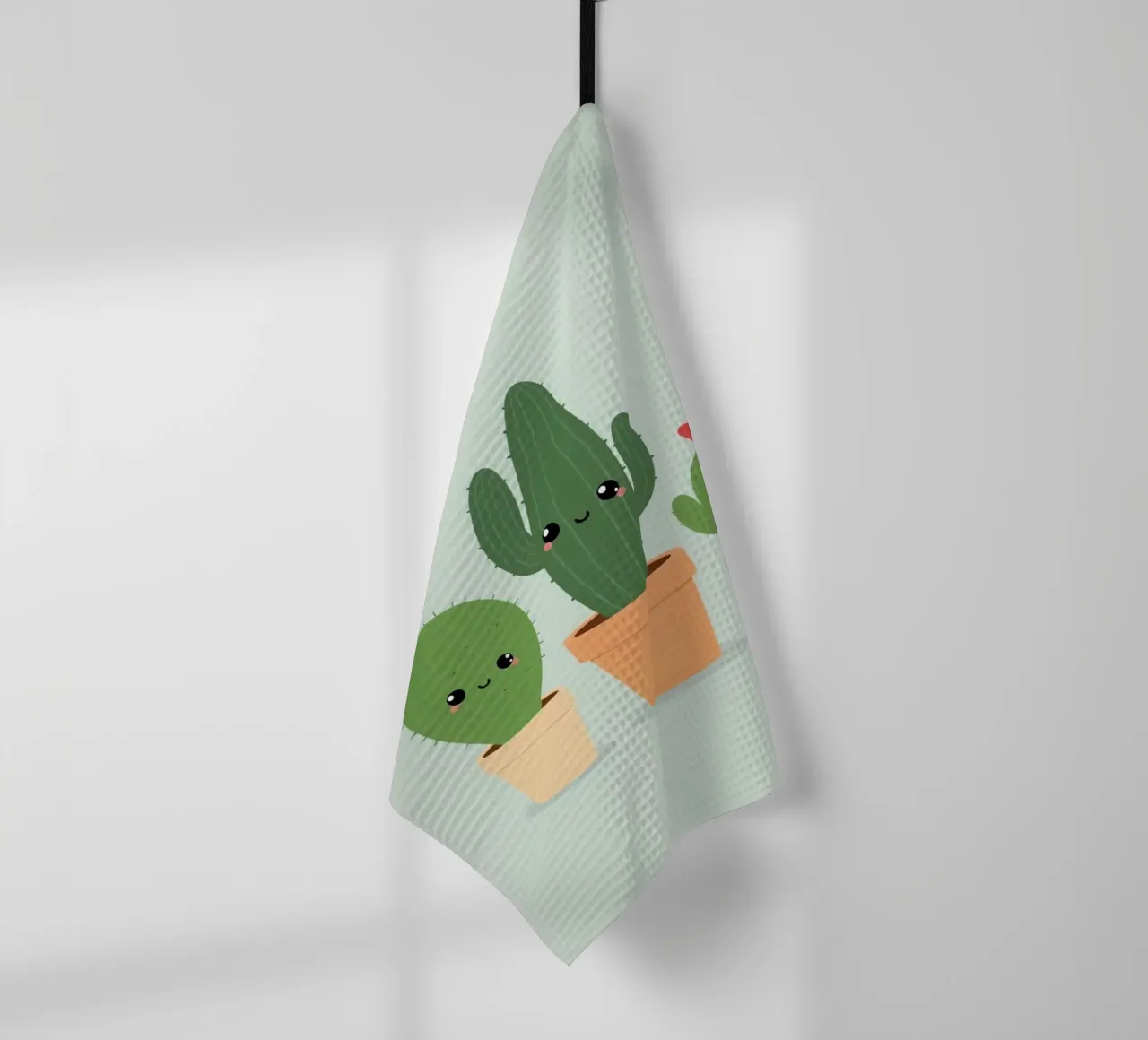 Trois cactus en pots, mignons et heureux, sur fond de citron vert pastel torchon de DesignDoodle