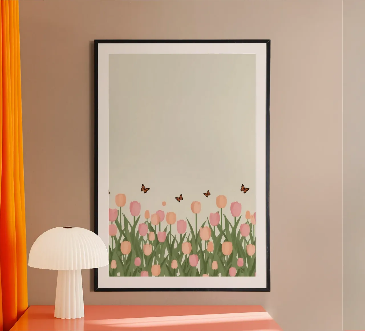 Tulipani e farfalle in pace poster con telaio in alluminio da DesignDoodle