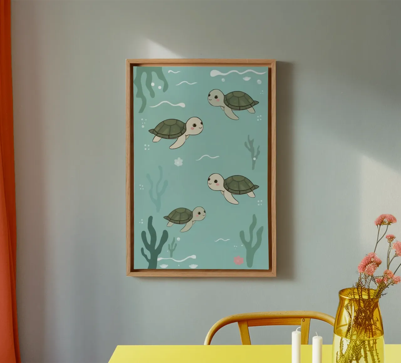 Niedliche Schildkröten in Unterwasserumgebung Leinwand mit Schattenfugenrahmen von DesignDoodle
