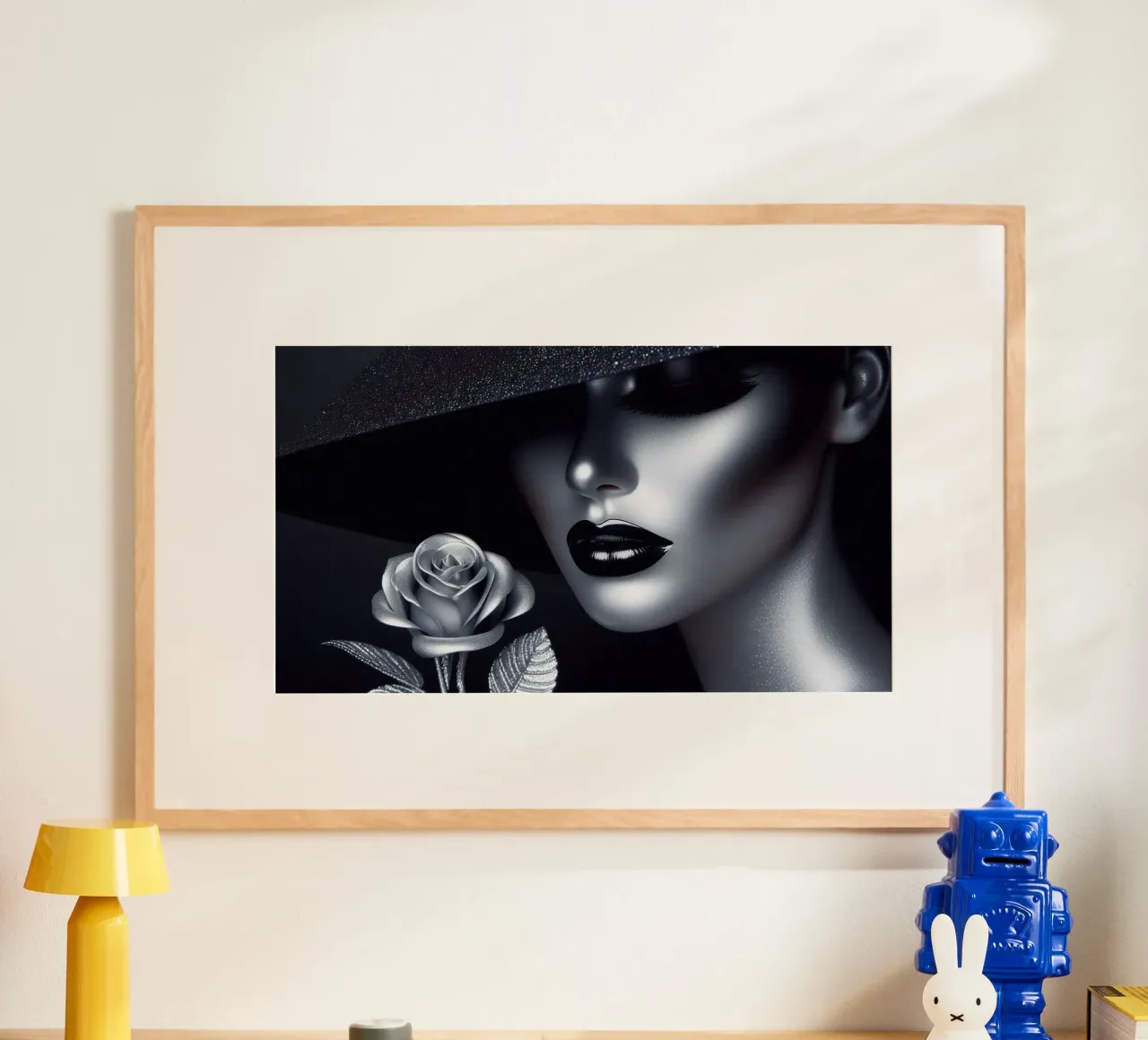 Ritratto affascinante di una donna con un cappello poster con telaio in plastica da BenCoStyle