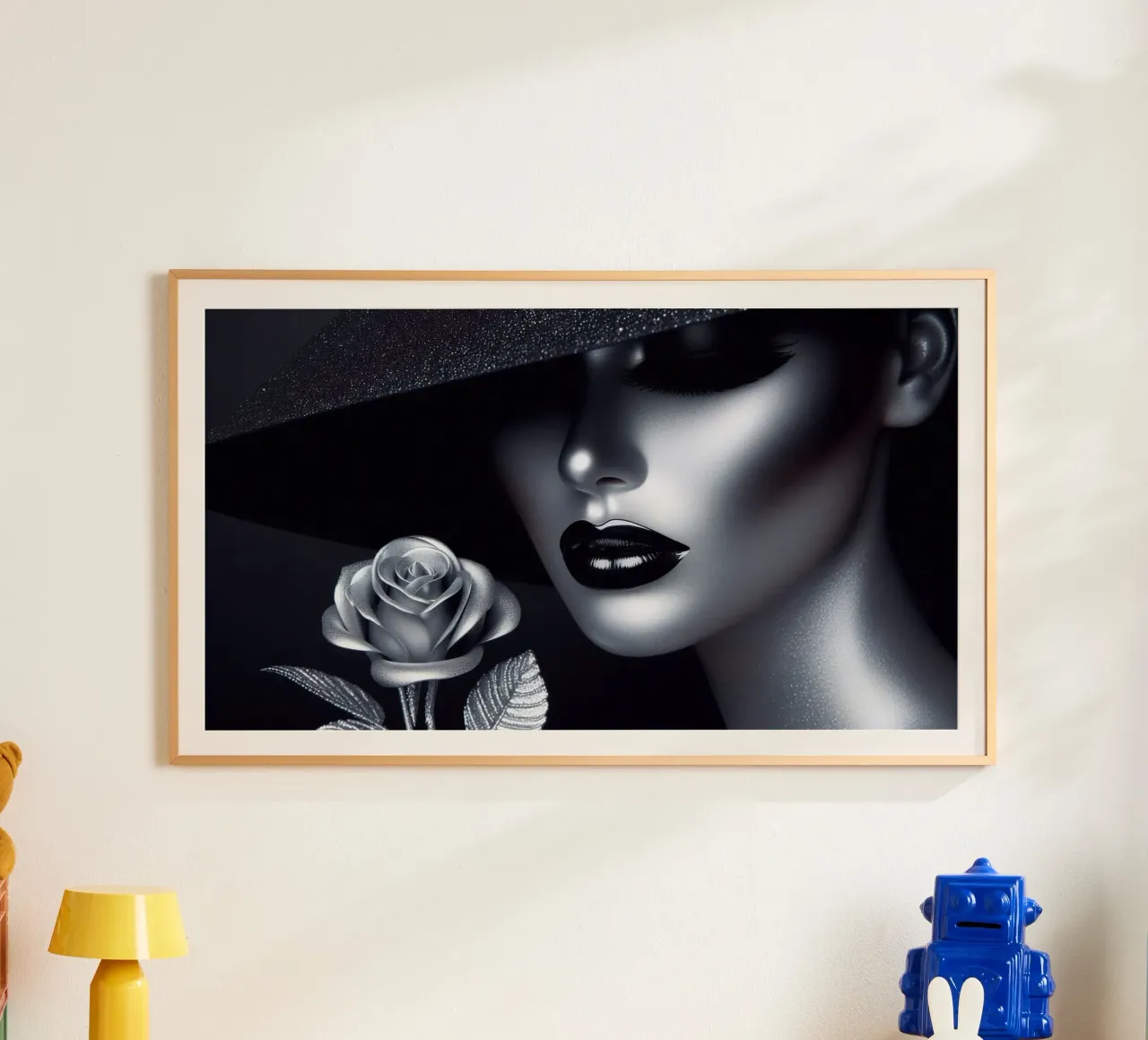 Ritratto affascinante di una donna con un cappello poster con telaio in plastica da BenCoStyle