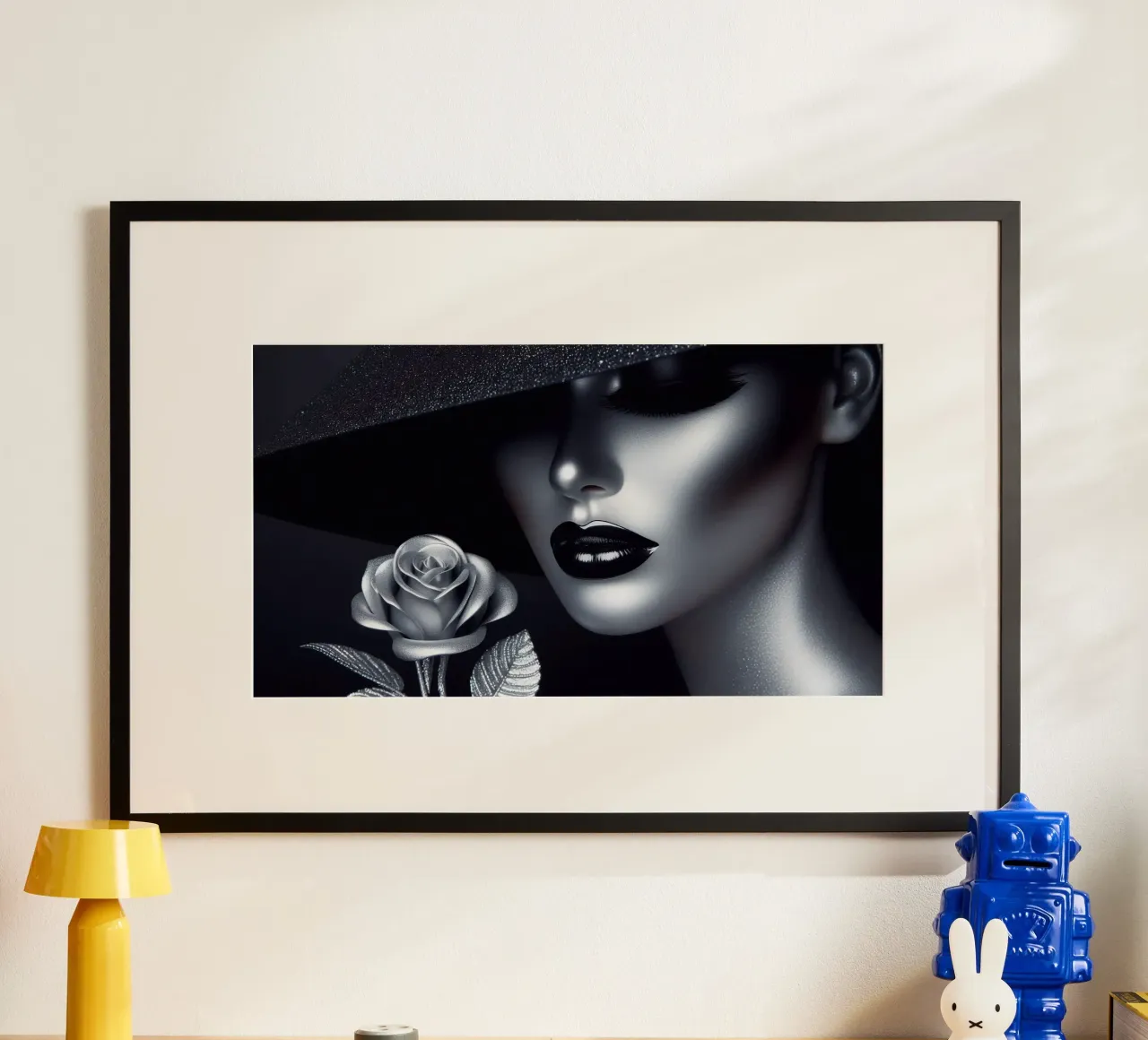 Ritratto affascinante di una donna con un cappello poster con telaio in plastica da BenCoStyle