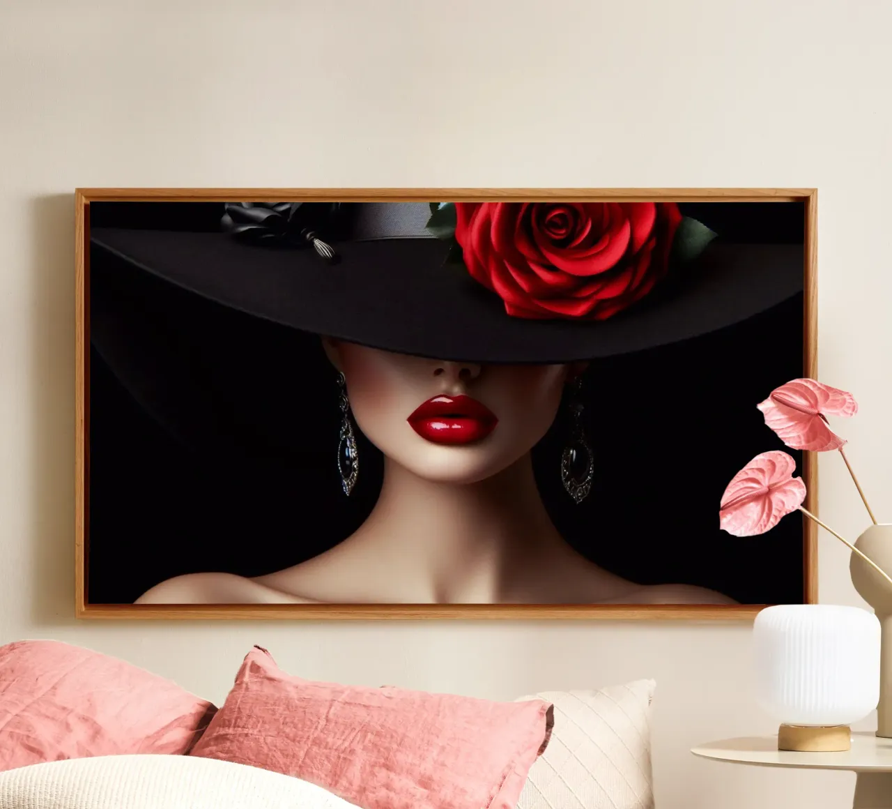 Ritratto di donna con cappello e rosa tela con Cornice a cassetta da BenCoStyle