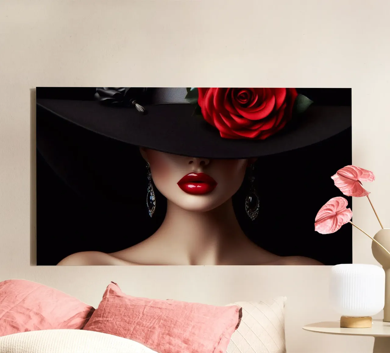 Ritratto di donna con cappello e rosa tela con Cornice a cassetta da BenCoStyle