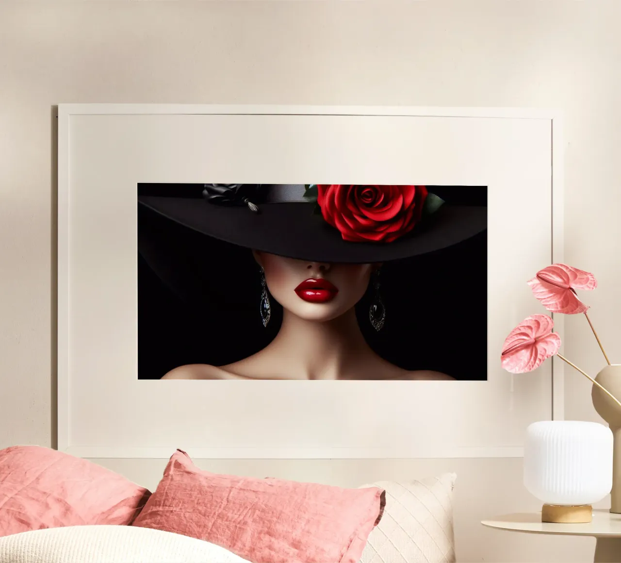 Ritratto di donna con cappello e rosa poster con telaio in plastica da BenCoStyle