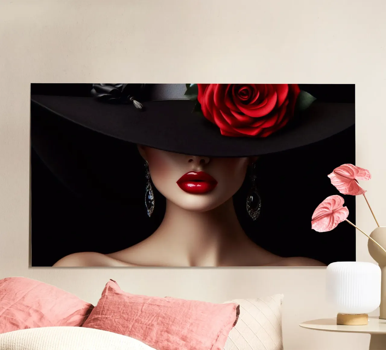 Ritratto di donna con cappello e rosa poster con telaio in plastica da BenCoStyle