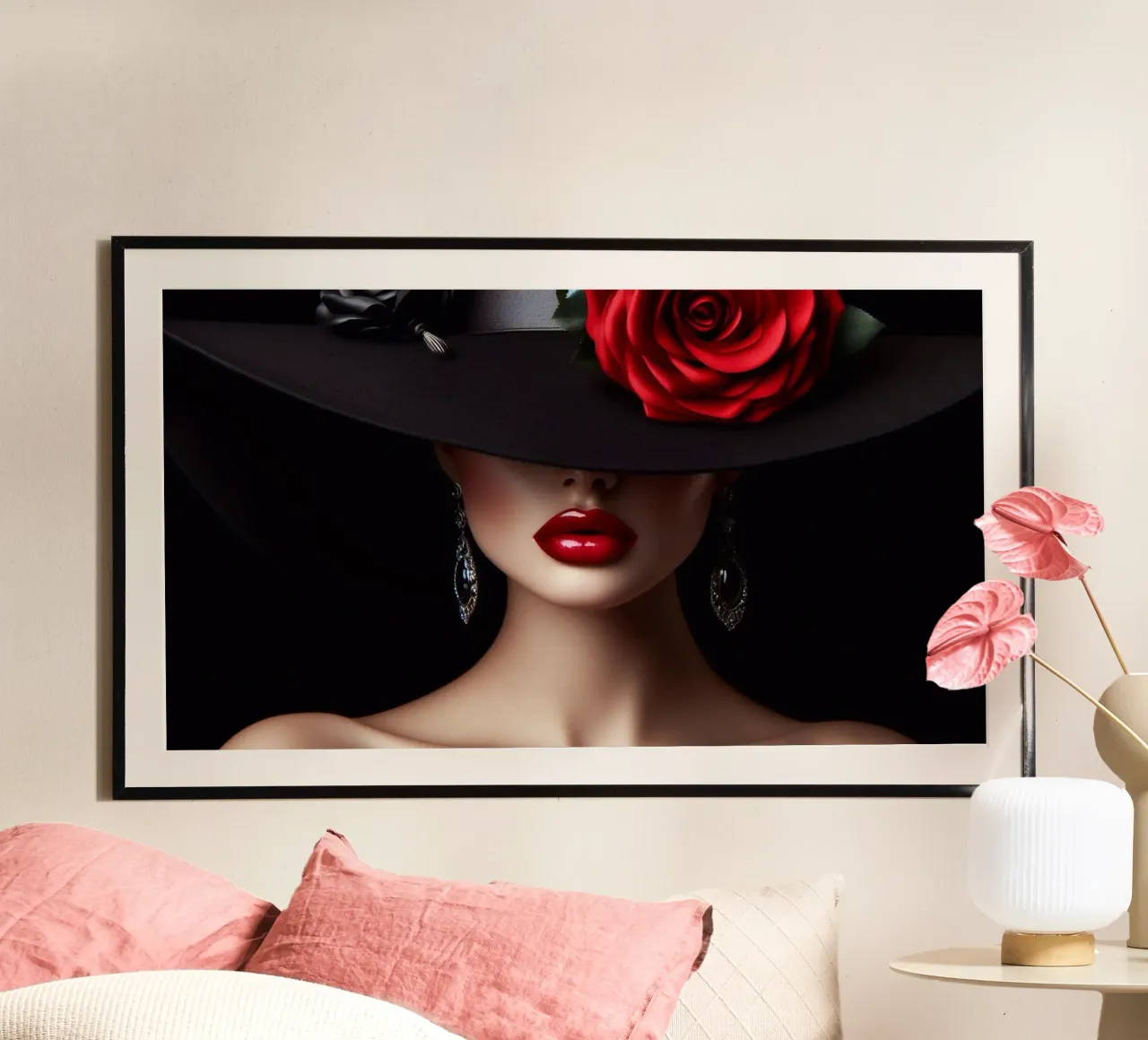Ritratto di donna con cappello e rosa poster con telaio in plastica da BenCoStyle