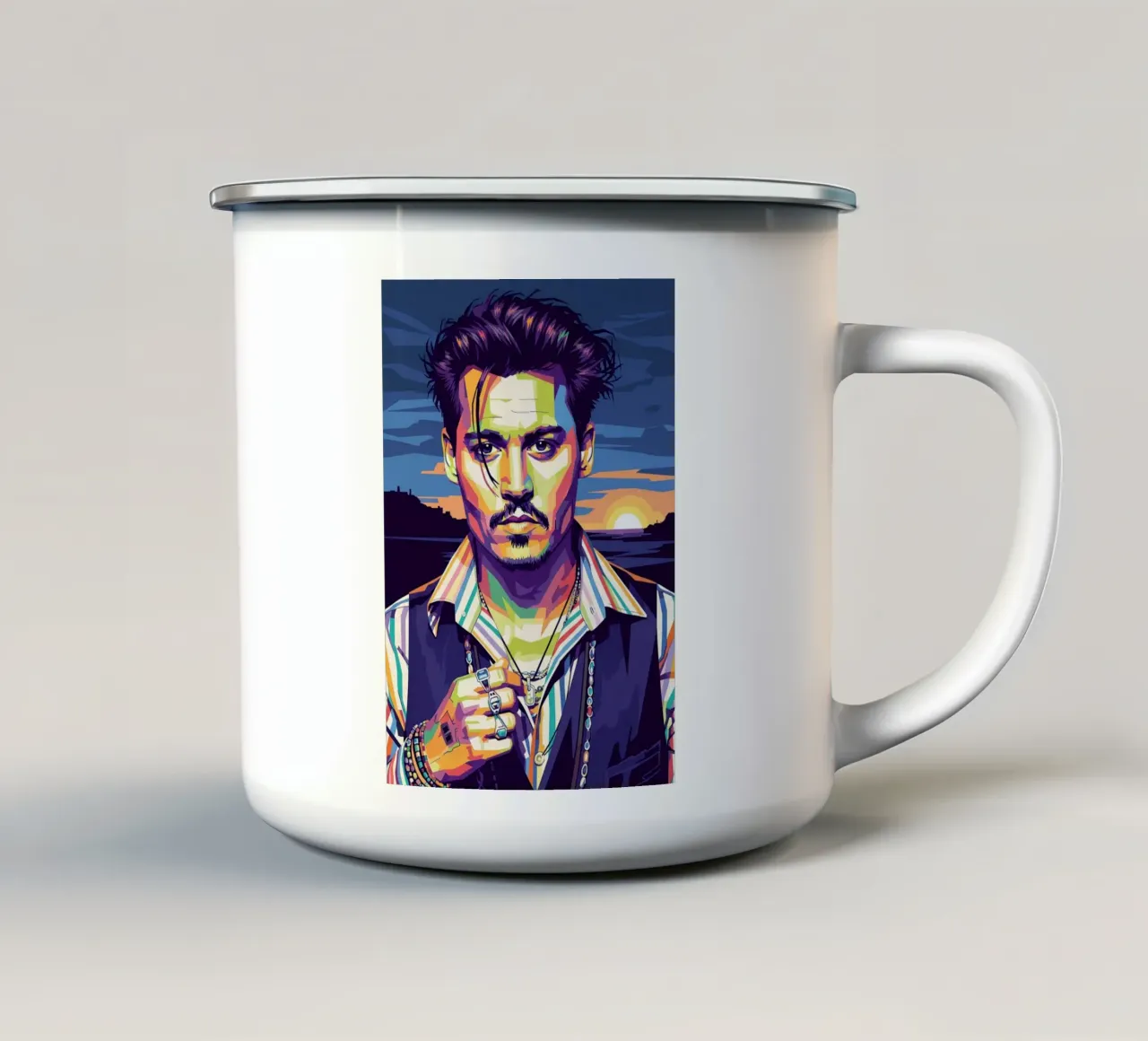 Johnny Depp con lo stile iconico tazza in smalto da Hantamrata