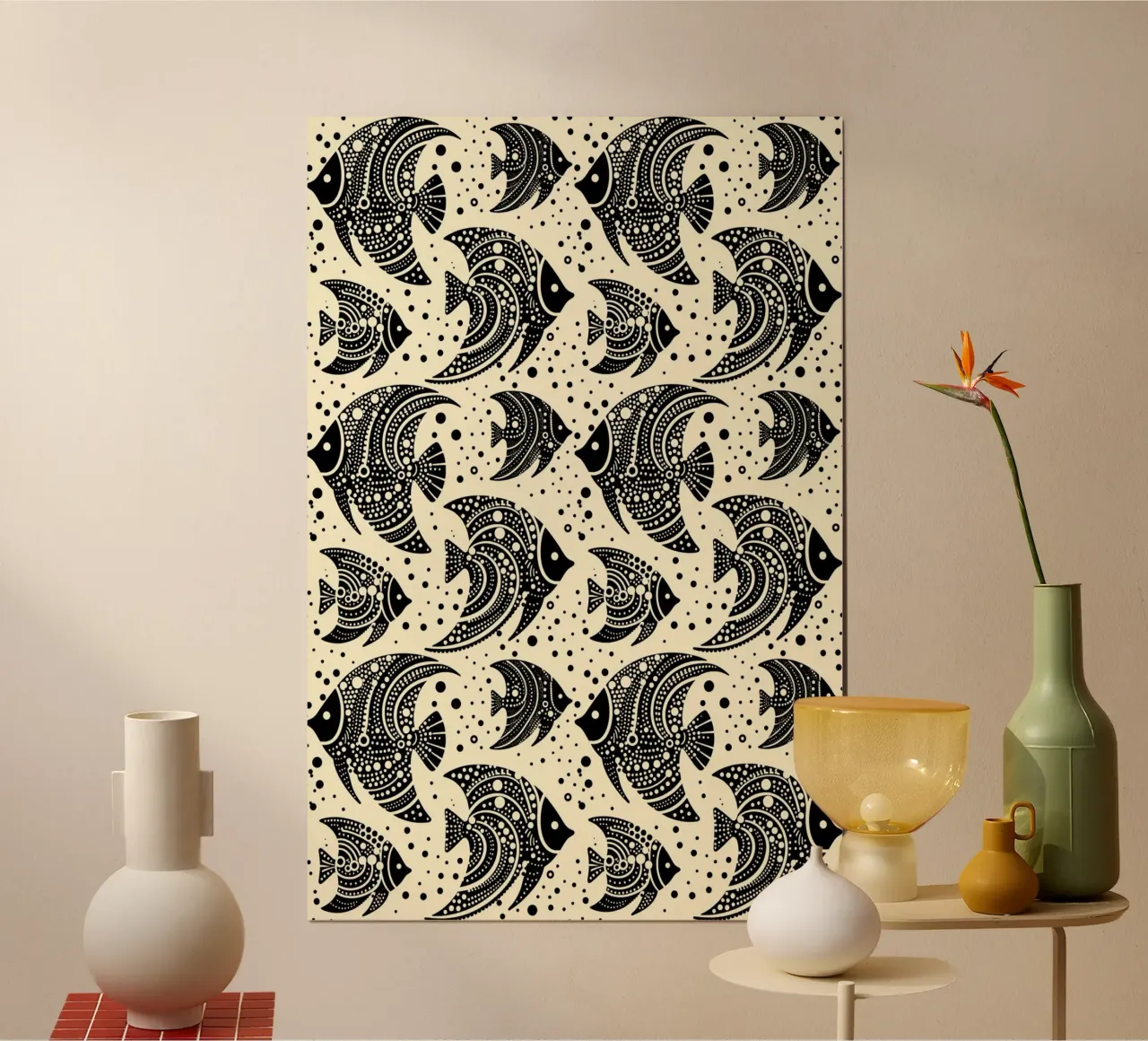 Pesce tropicale nero e crema poster con telaio in alluminio da SilverPegasus