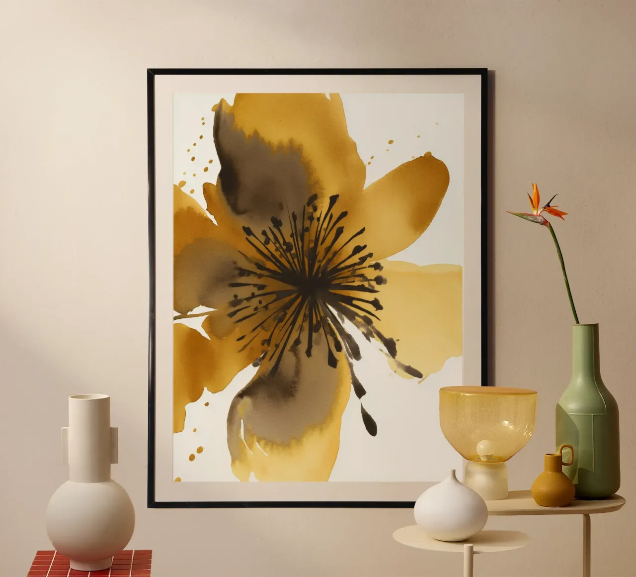 Fioritura dorata 1 poster con telaio in alluminio da Sophia Calder Studio