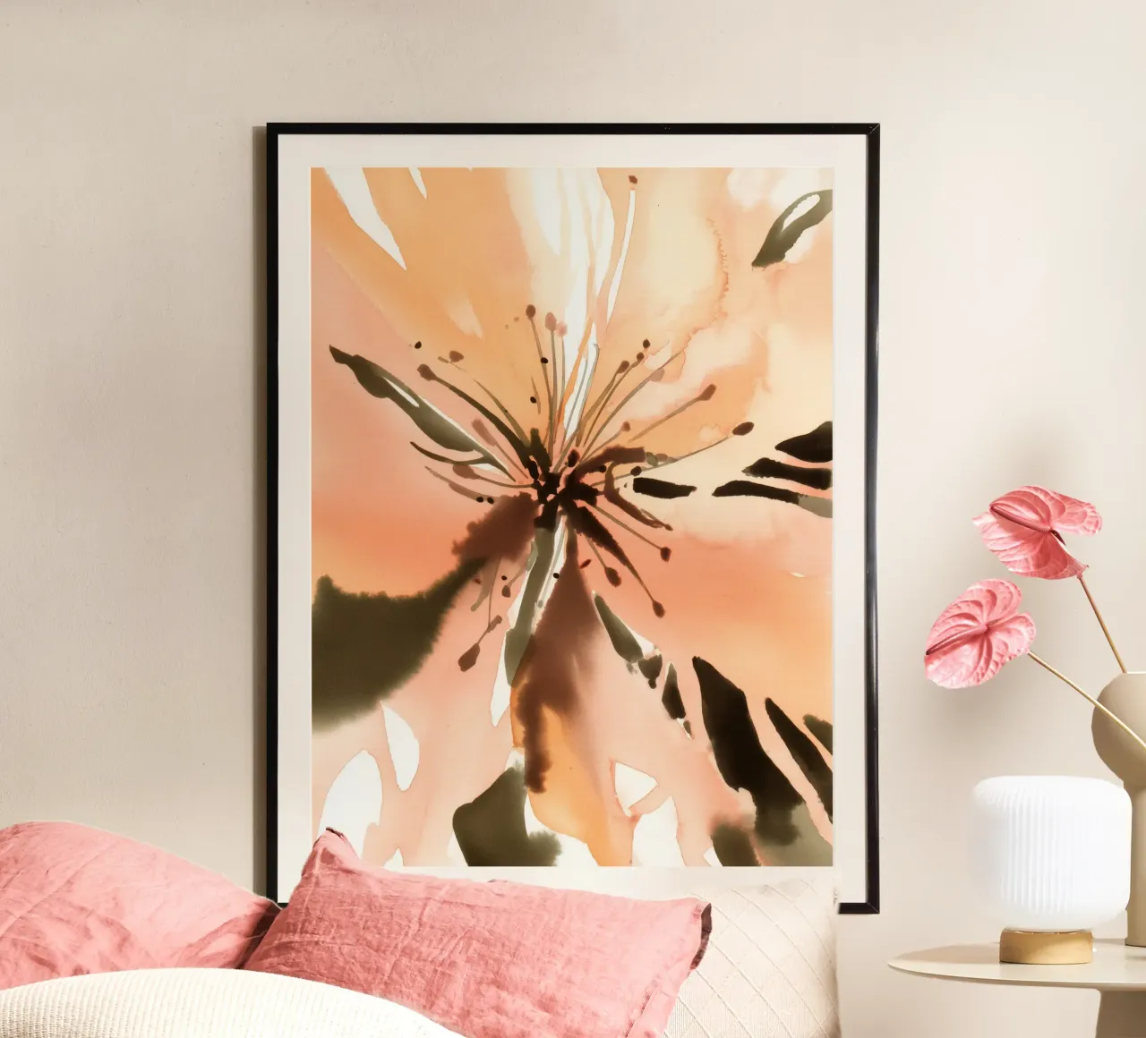 Radiosità dei fiori di pesco poster con telaio in legno da Sophia Calder Studio