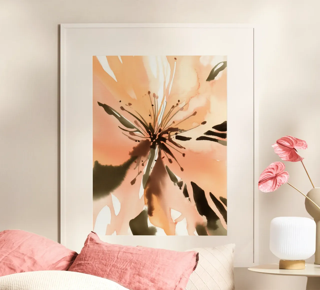 Radiosità dei fiori di pesco poster con telaio in legno da Sophia Calder Studio