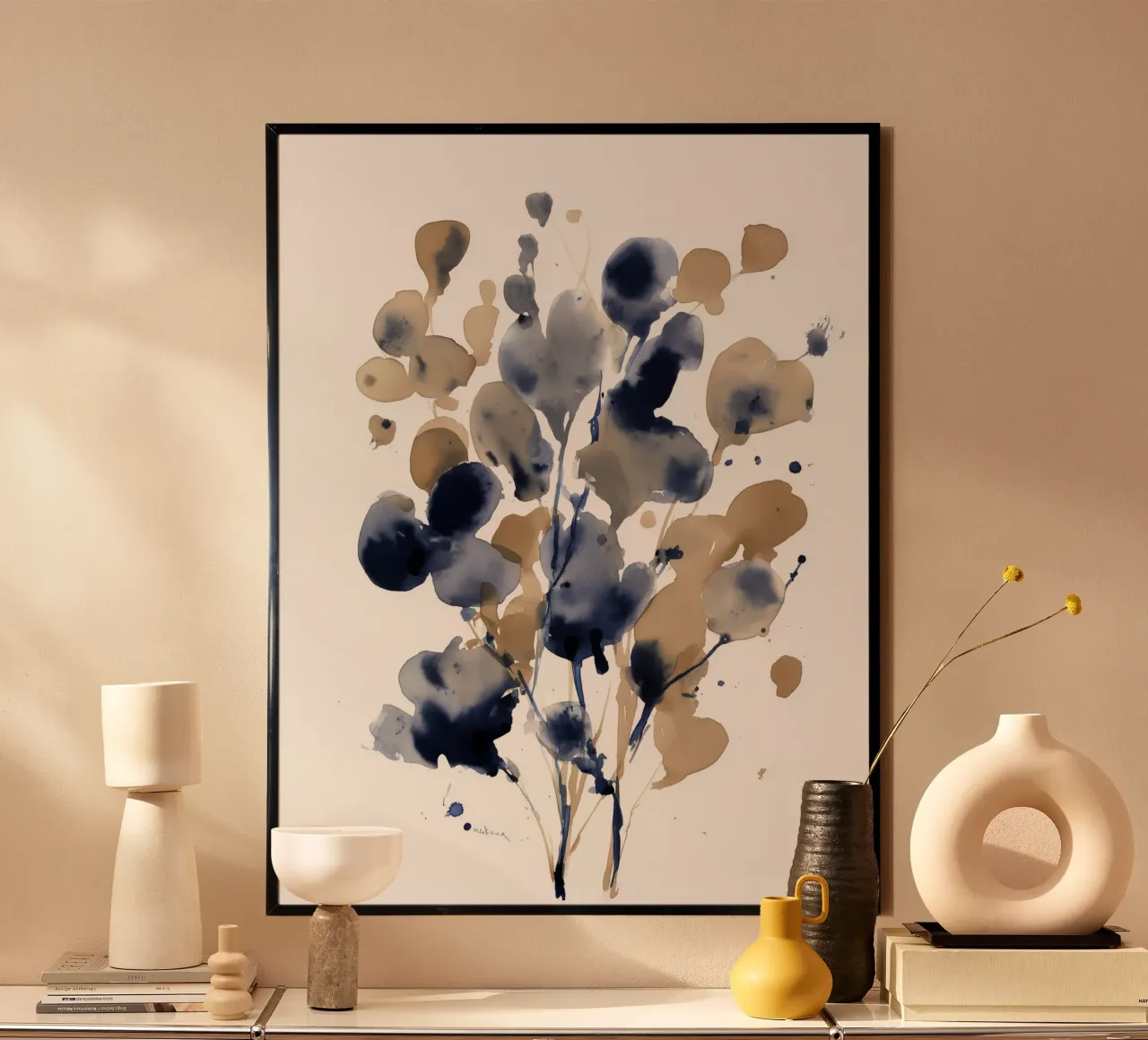 Rami indaco e ocra poster con telaio in legno da Sophia Calder Studio