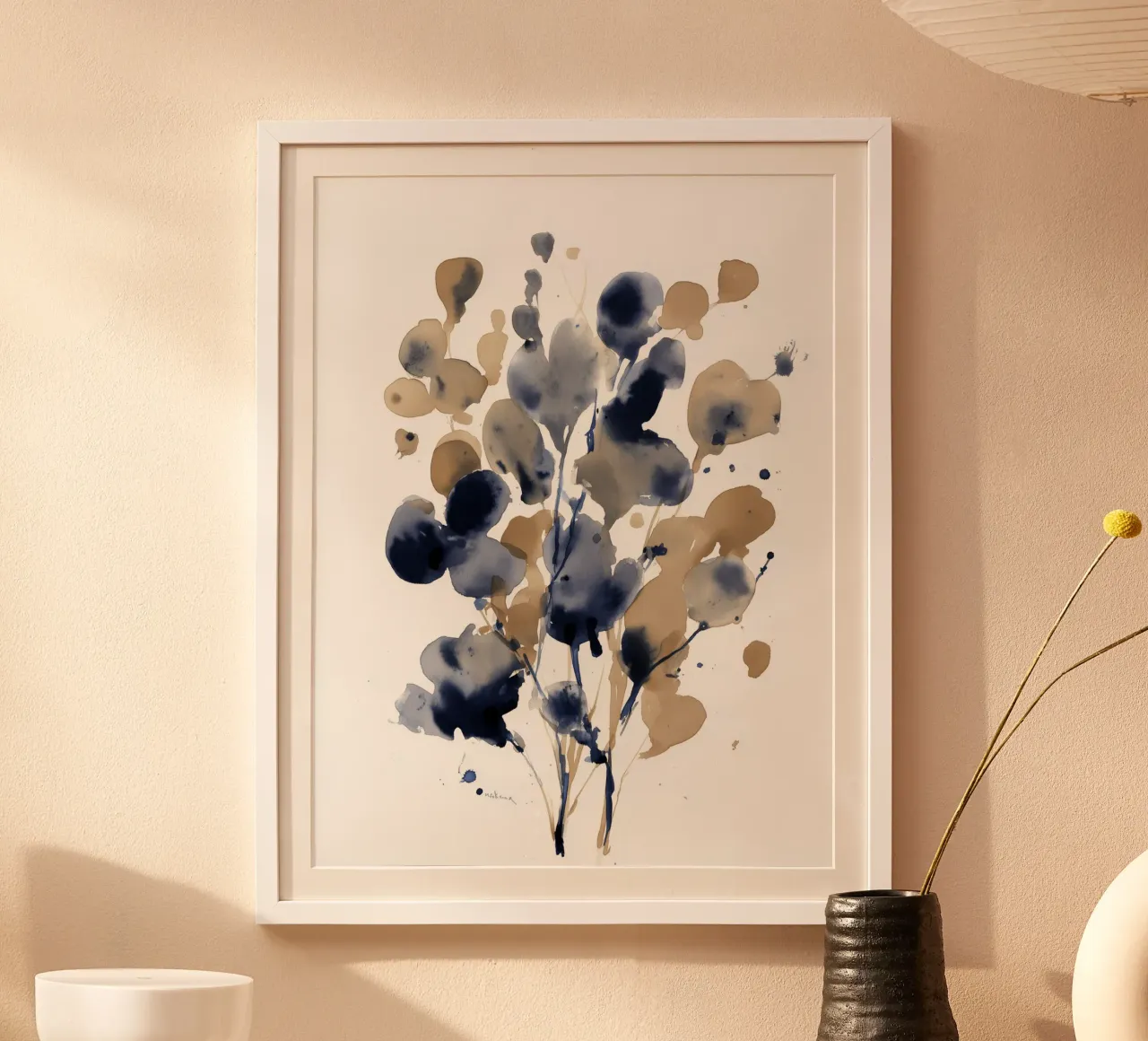 Rami indaco e ocra poster con telaio in legno da Sophia Calder Studio