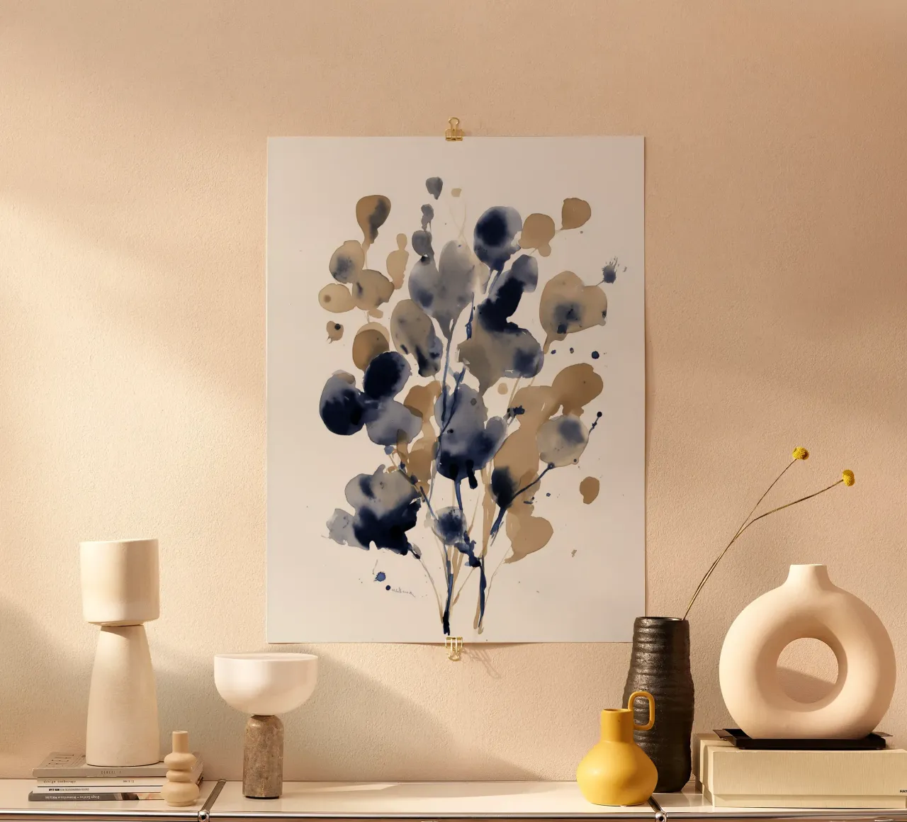 Rami indaco e ocra poster con telaio in legno da Sophia Calder Studio