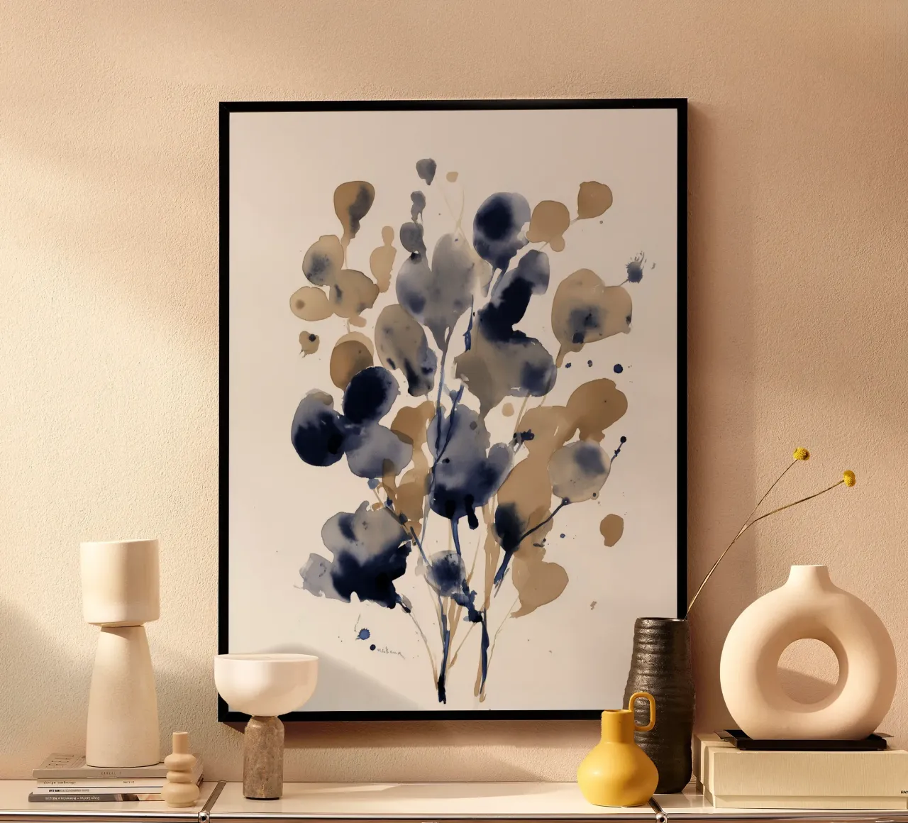 Rami indaco e ocra poster con telaio in legno da Sophia Calder Studio