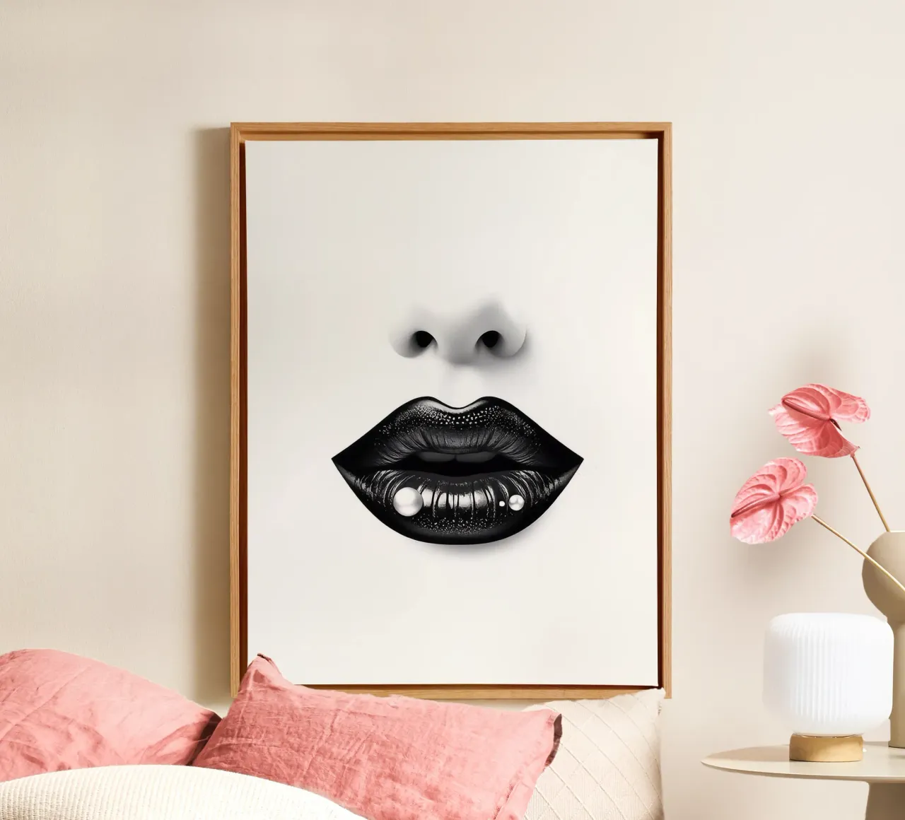 Zwarte lippen canvas met Baklijst van BenCoStyle