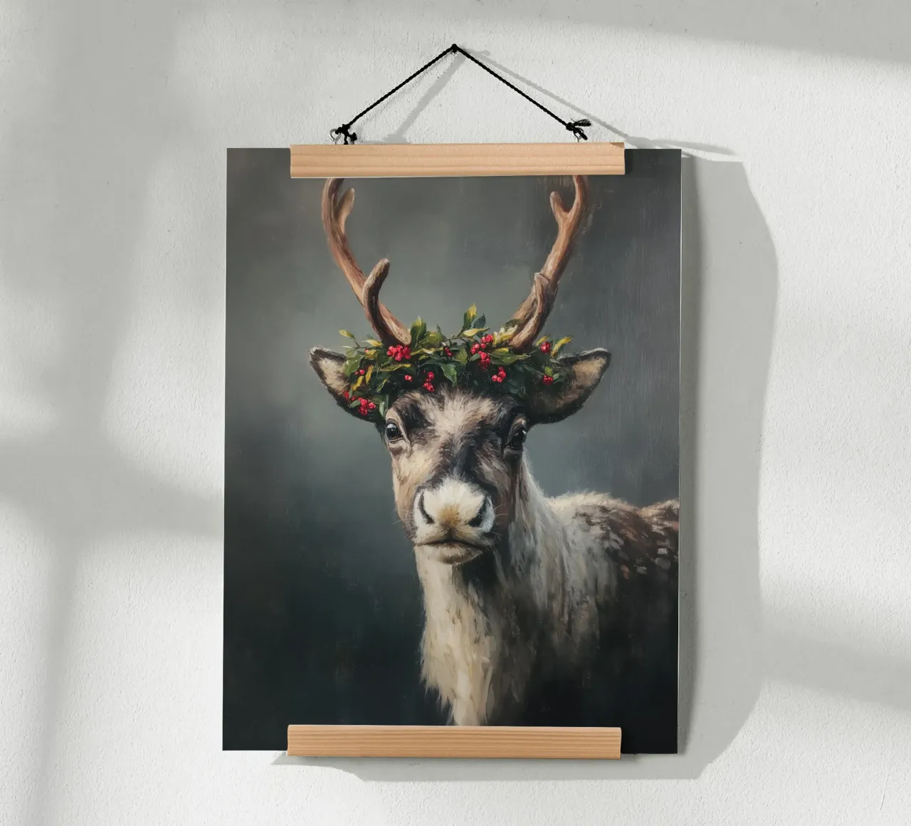 Alce in verde natalizio poster con telaio in legno da Carinaprint