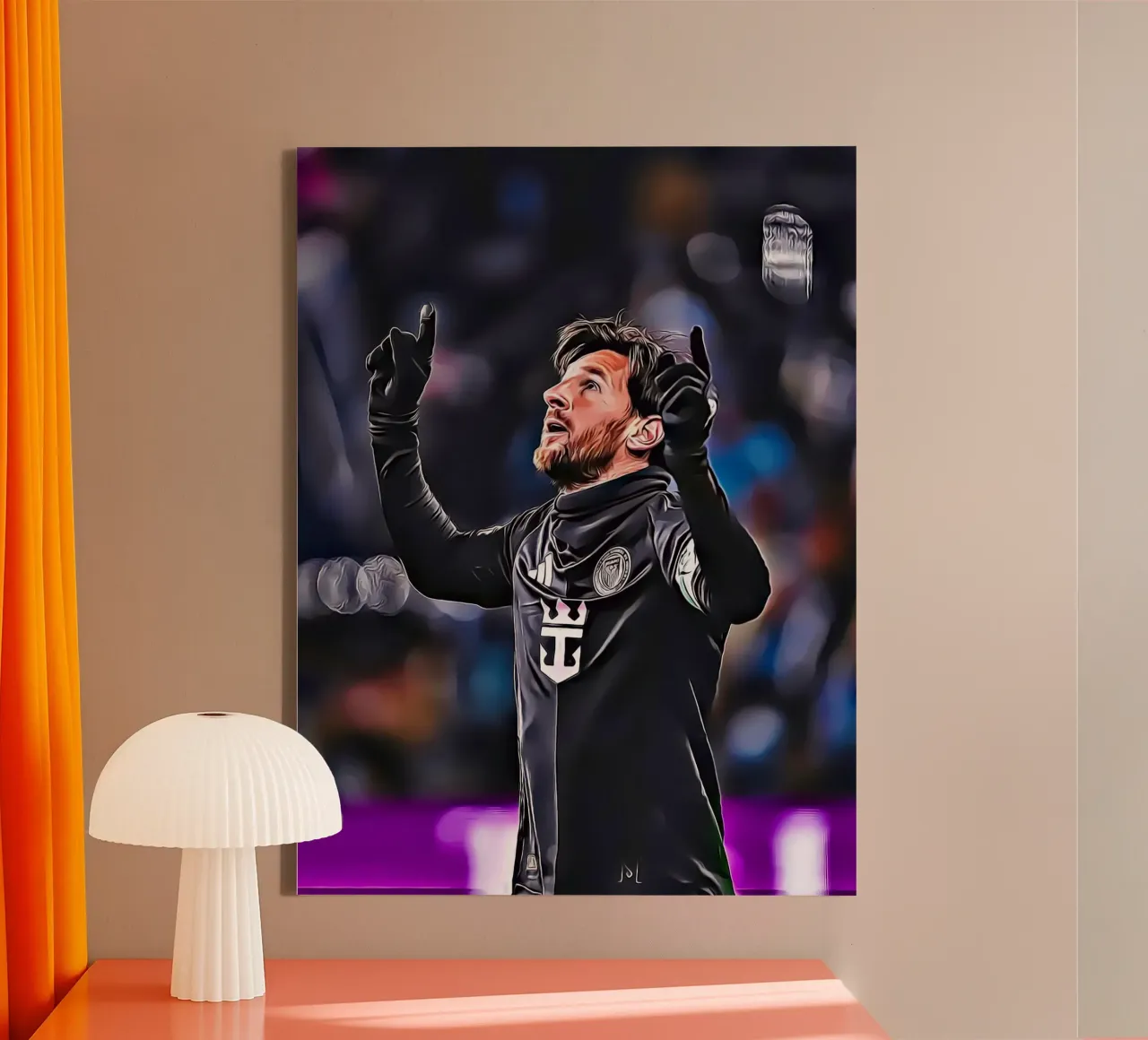 Lionel Messi, Iconische Viering in Zwarte Trui Poster canvas met Baklijst van ArdanART