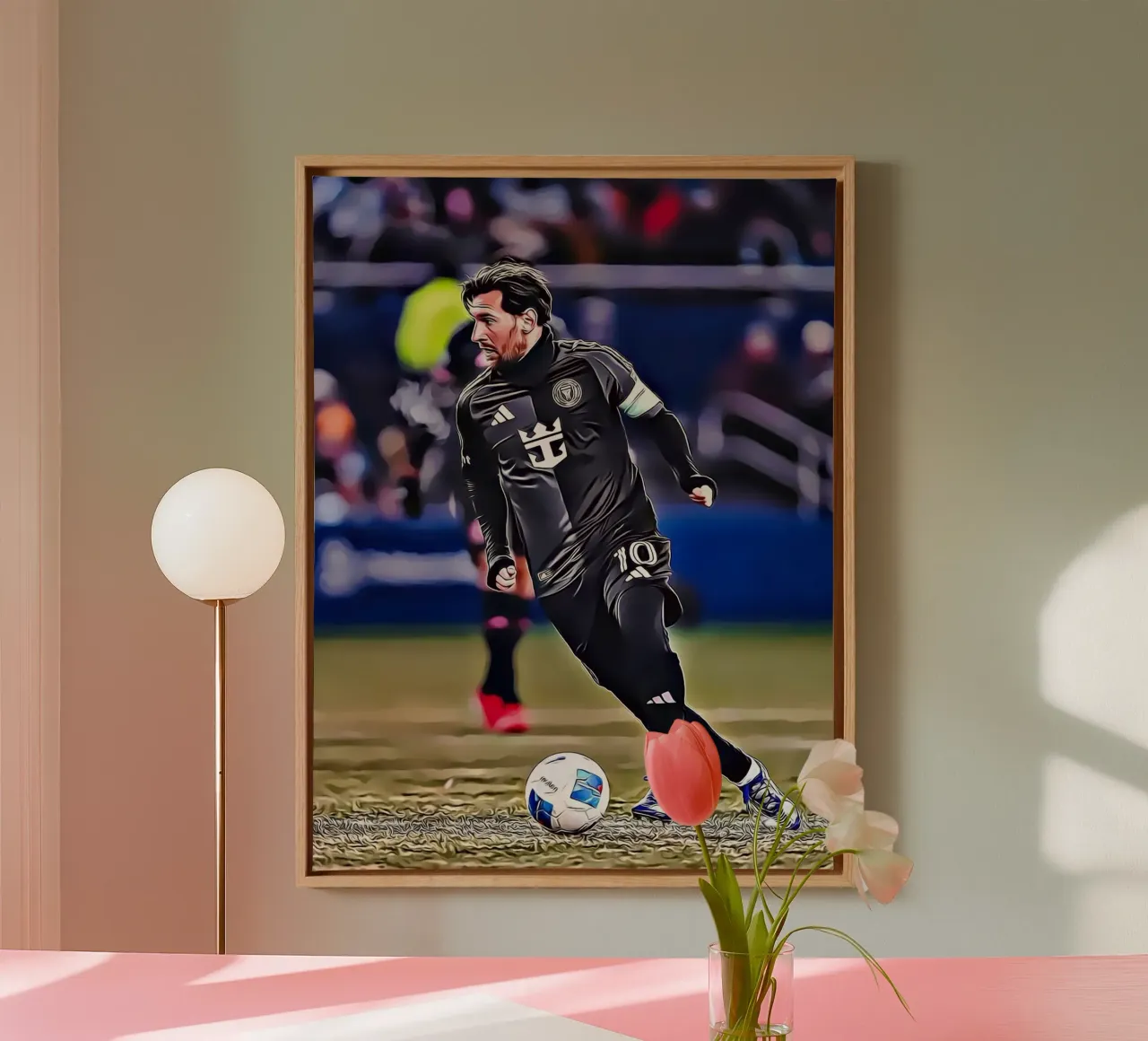 Lionel Messi,Dynamic Dribble in Black Jersey Poster canvas with Floater frame by ArdanART