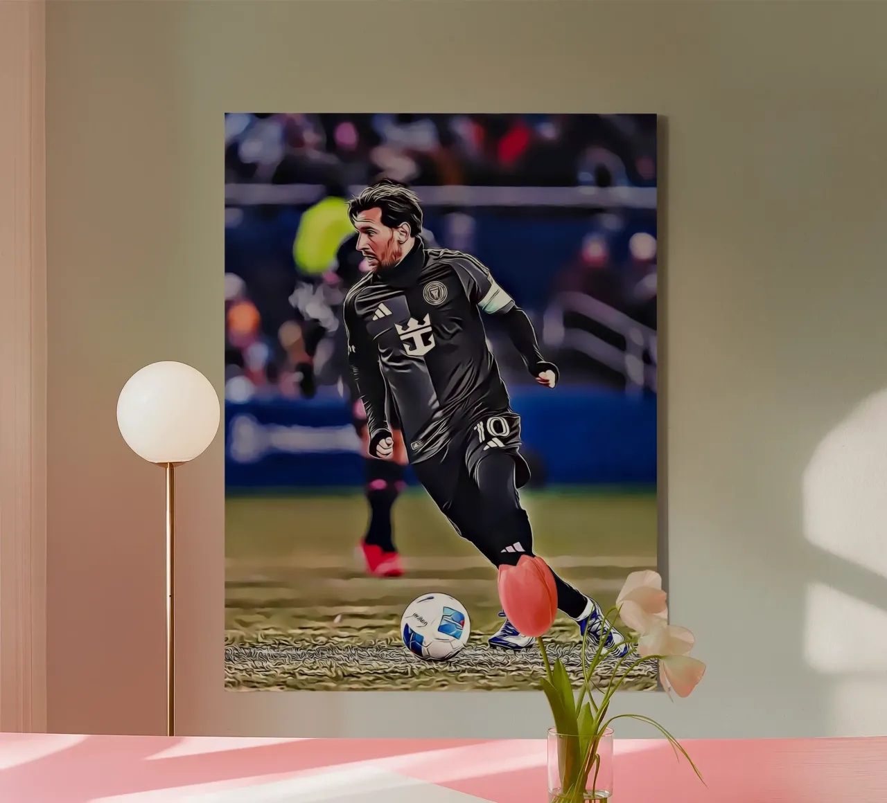 Lionel Messi,Dynamic Dribble in Black Jersey Poster canvas with Floater frame by ArdanART