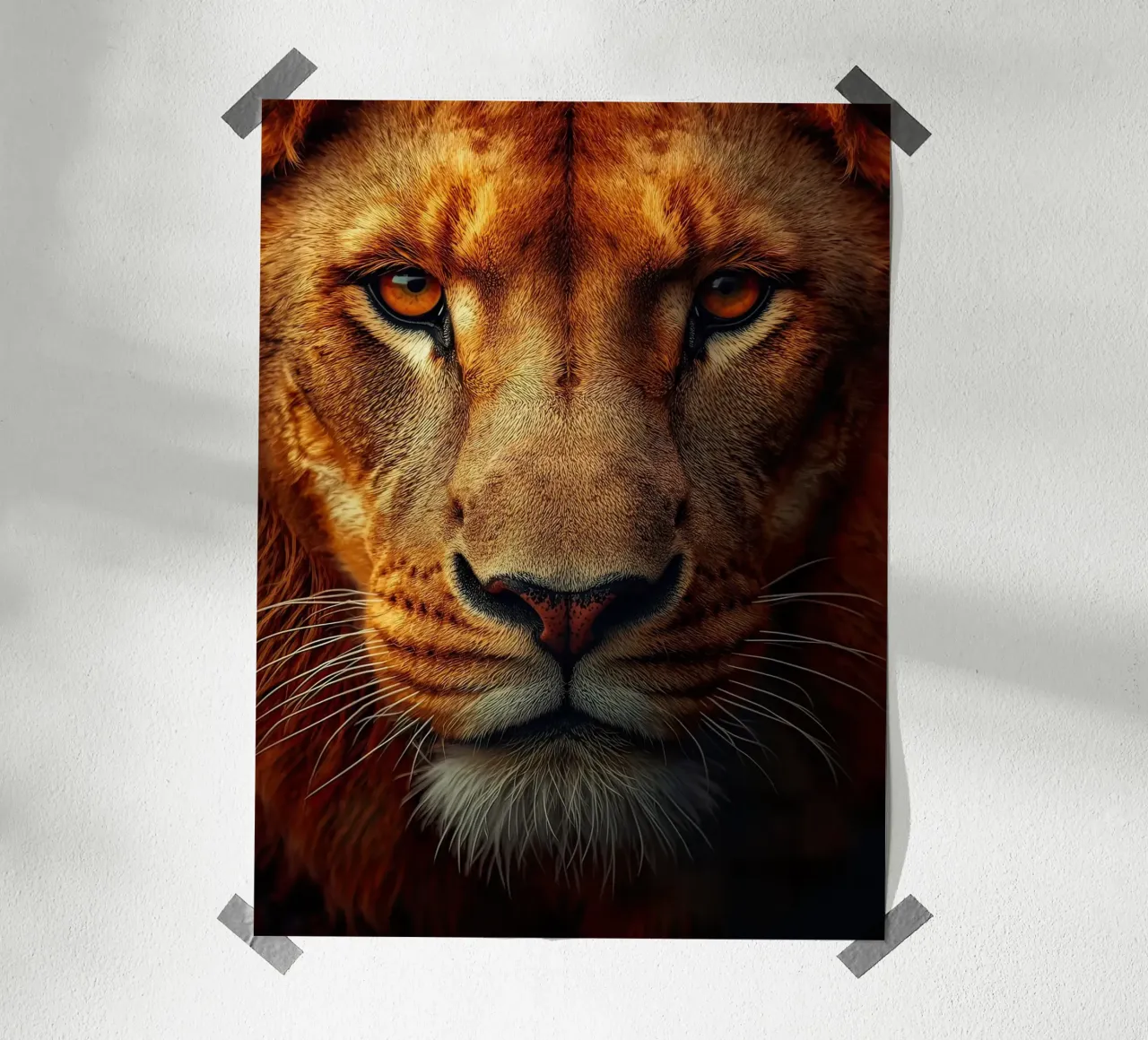 Faccia di leone in primo piano poster con telaio in alluminio da 🥝 KIWI STORE