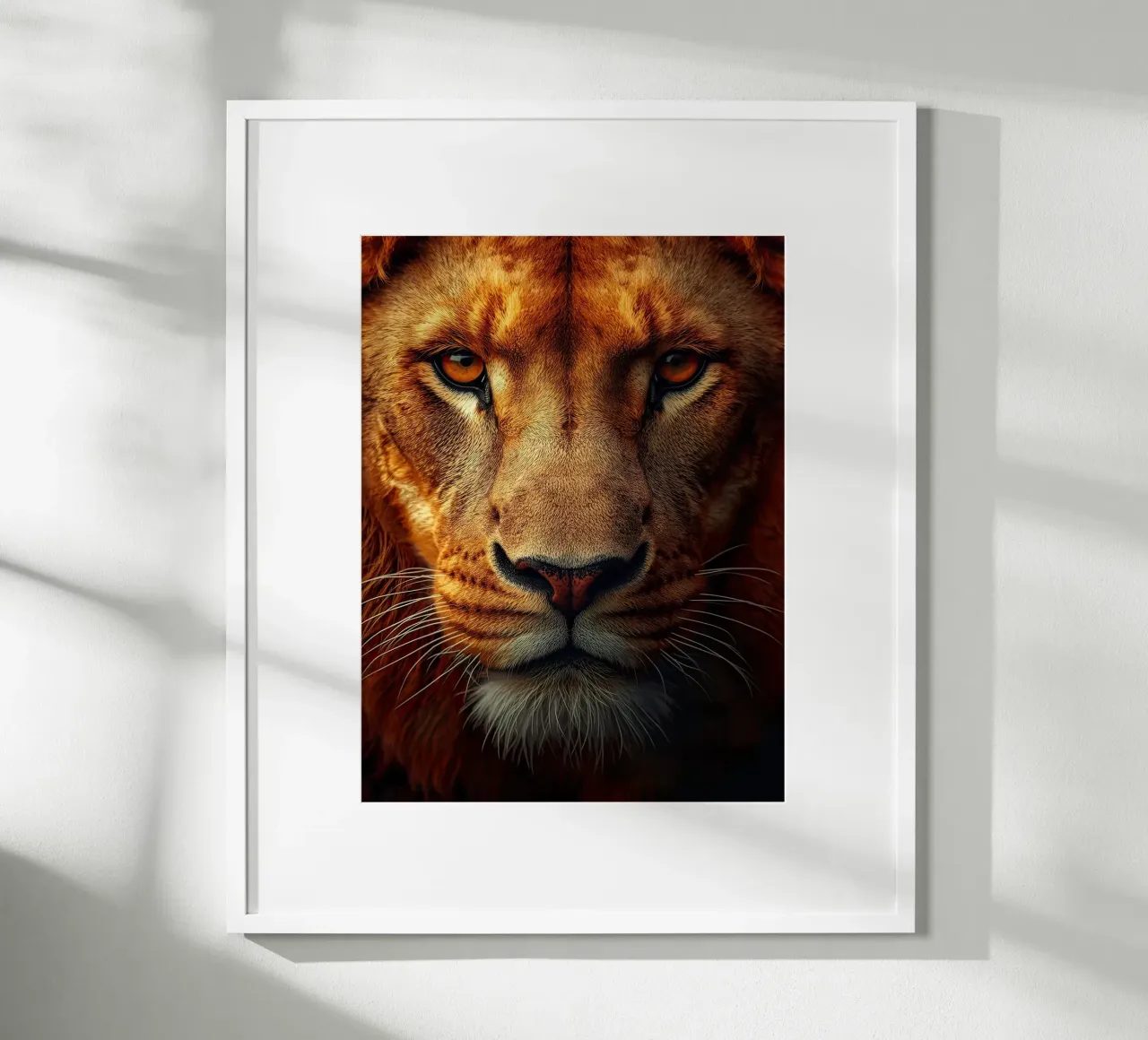 Faccia di leone in primo piano poster con telaio in alluminio da 🥝 KIWI STORE